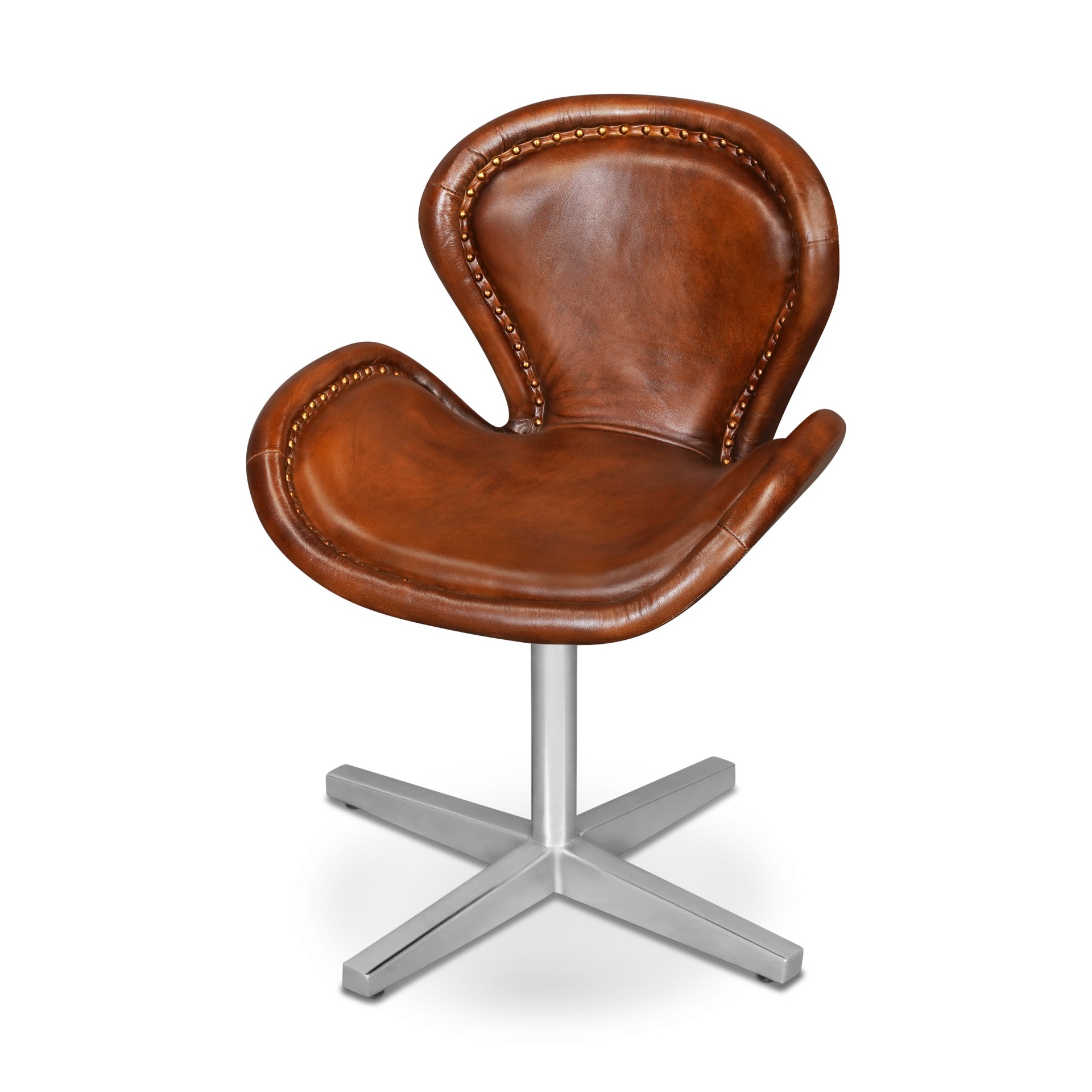 Krzesło Obrotowe Iron Label #31 59X59X81 Cm Brązowa Skóra Naturalna + Srebrne Nogi B 8630