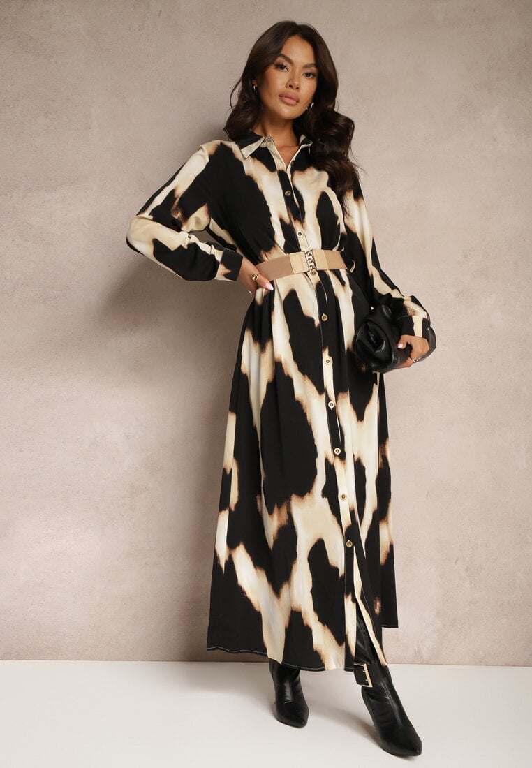 Beżowa Koszulowa Sukienka w Panterkę Ozdobiona Paskiem Valentola