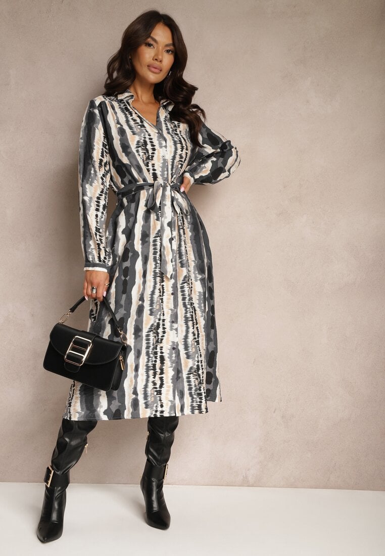 Szara Koszulowa Sukienka z Wiskozy Ozdobiona Materiałowym Paskiem Elliorwen