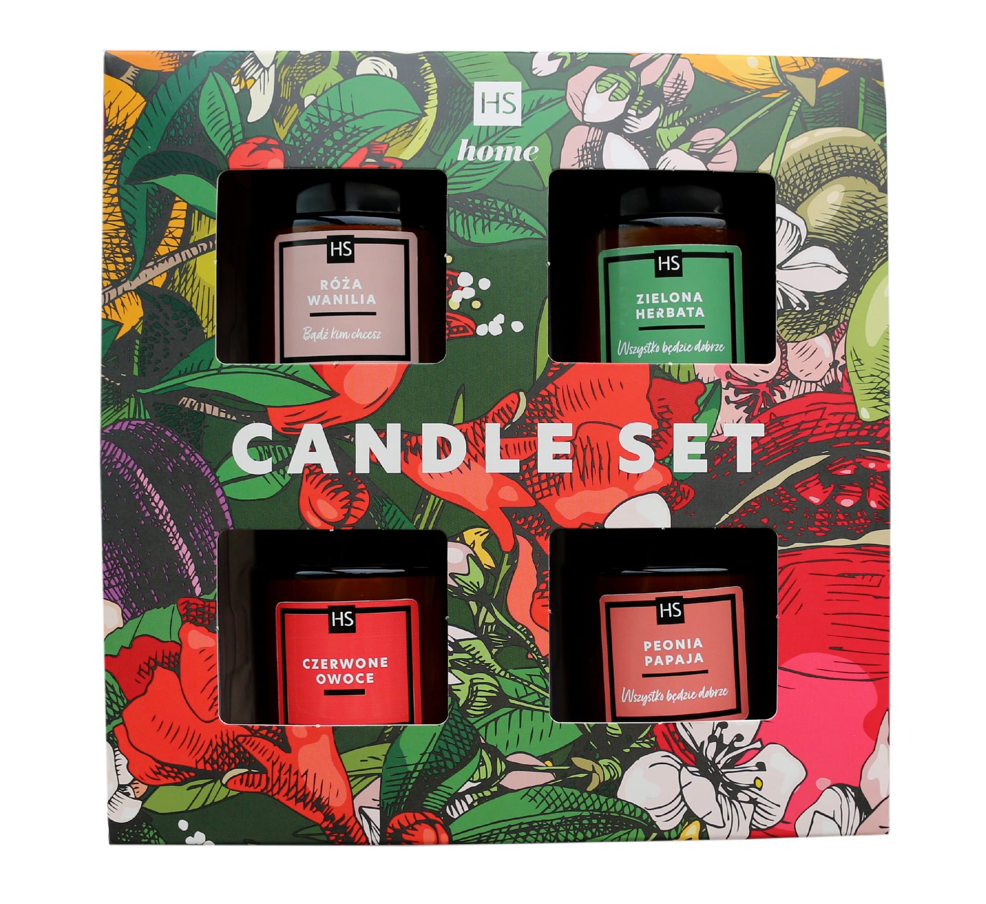 HISKIN_SET Home świece sojowe Zielona Herbata 100ml + Peonia Papaja 100ml + Róża Wanilia 100ml + Czerwone Owoce 100ml