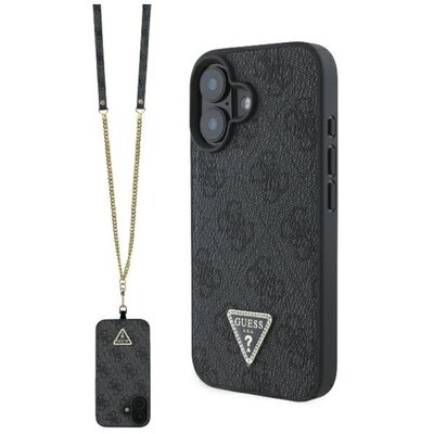Guess Leather Metal Logo Strass Crossbody do iPhone 16 Czarny