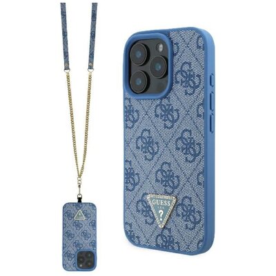 Guess Leather Metal Logo Strass Crossbody do iPhone 16 Pro Niebieski