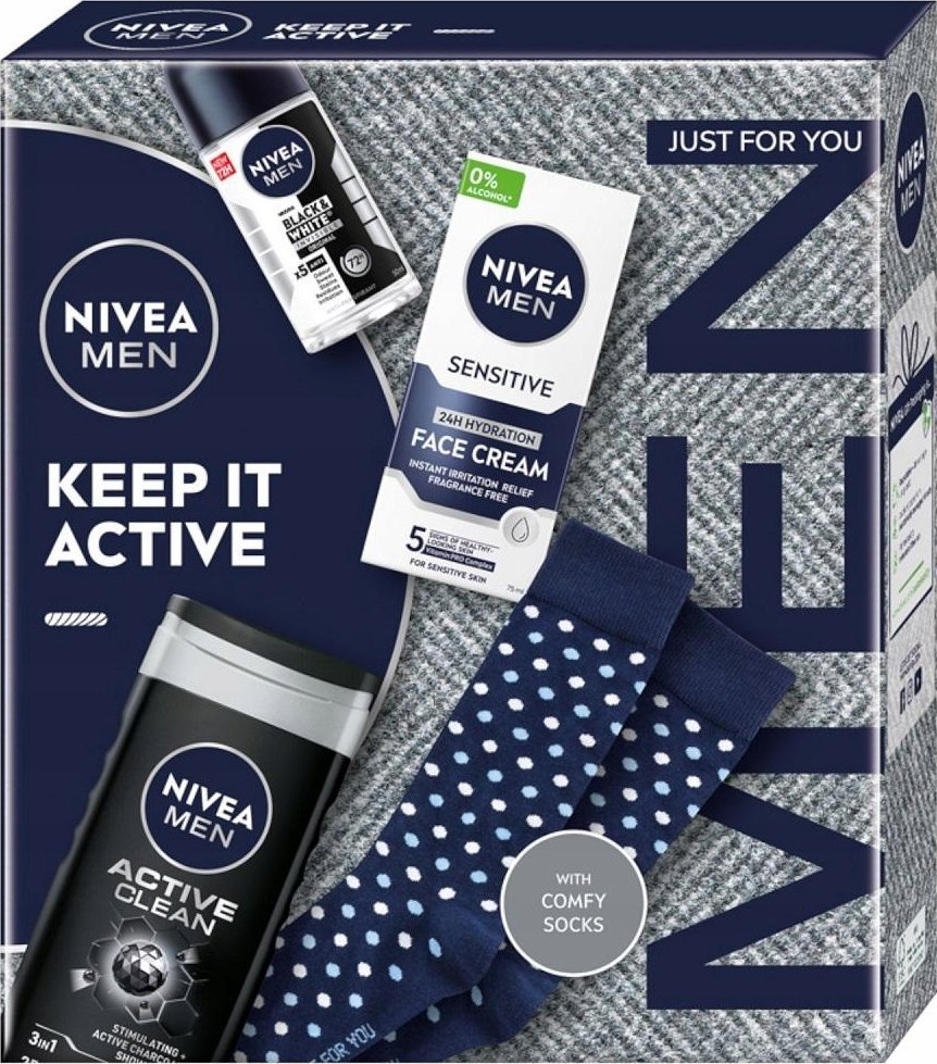 NIVEA_SET Keep It Active żel pod prysznic 250ml + antyperspirant roll-on 50ml + łagodzący krem nawilżający do twarzy 75ml + skarpetki