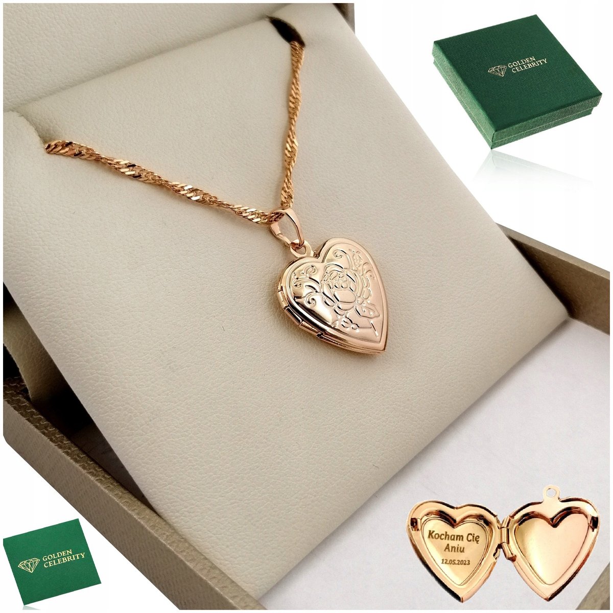 Złoty Naszyjnik Serce 18K Stal Chirurgiczna Otwierane Na Zdjęcie + Grawer