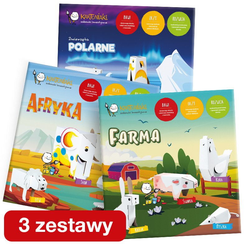 Kartoniaki - Pakiet 3 zestawy: Kreatywne zestawy tekturowych zwierzątek do składania i malowania. Afryka, Polarne i Farma.