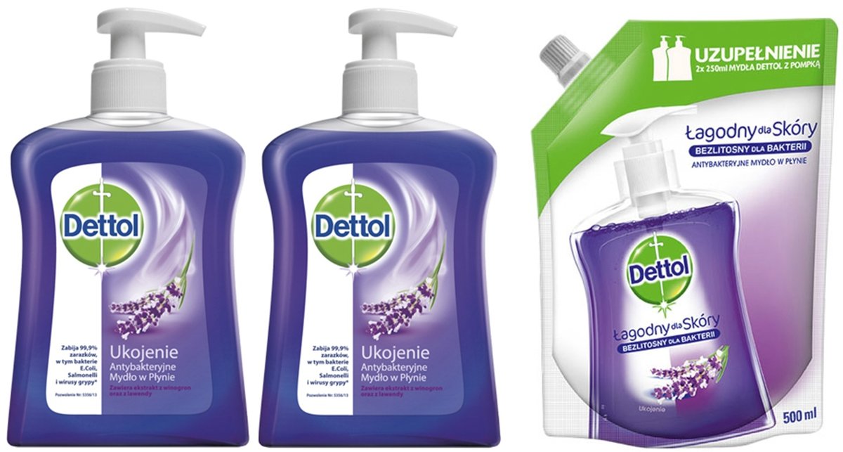 DETTOL Mydło w płynie LAWENDA 2x250ml +ZAPAS 500ml