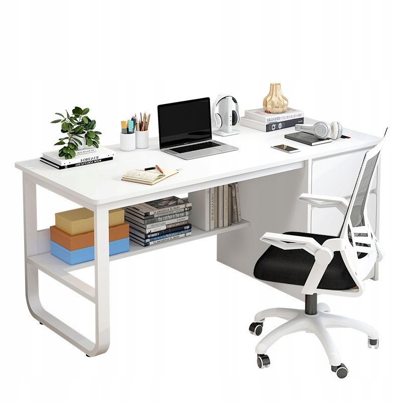 Biurko Komputerowe Młodzieżowe Białe Styl Skandynawski Duże Półki 100Cm