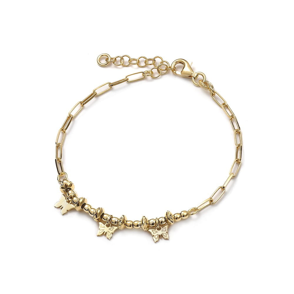 Srebrna bransoletka pozłacana z motylkami i kulkami ogniwa