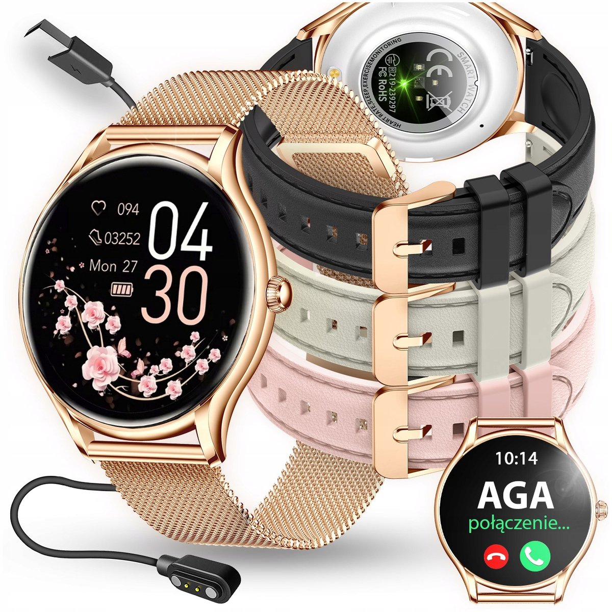 SMARTWATCH DAMSKI ZEGAREK PL MENU POWIADOMIENIA ROZMOWY SMART WATCH 4 PASKI