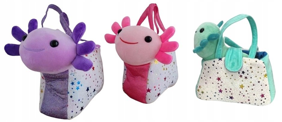 UROCZY PLUSZOWY AKSOLOTL W TOREBCE 23 CM W GWIAZDKI ZABAWKA DLA DZIECI