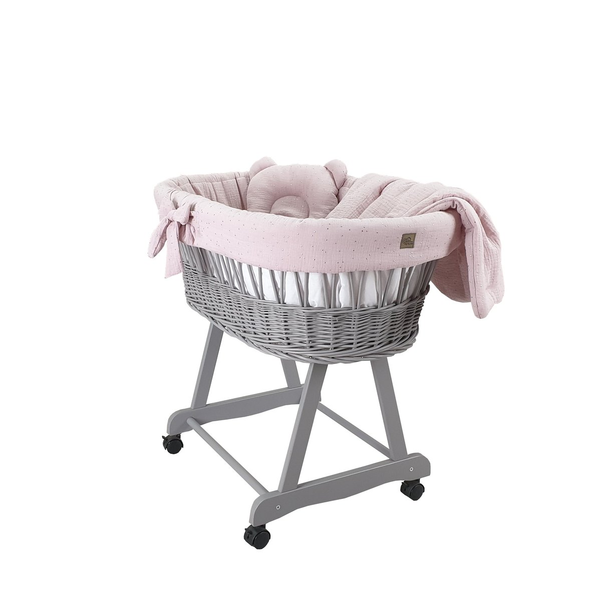 Wiklinowy kosz Mojżesza AMELIA szary z pościelą muślinową GOLD liliową.