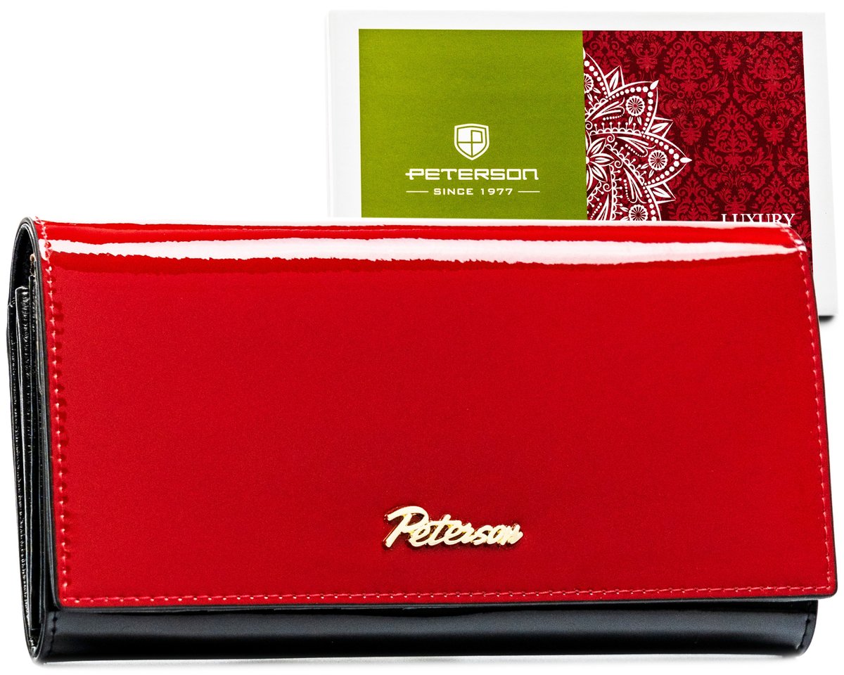 Damski skórzany portfel Peterson lakierowany na zatrzask duża portmonetka na karty z RFID, czarny czerwony