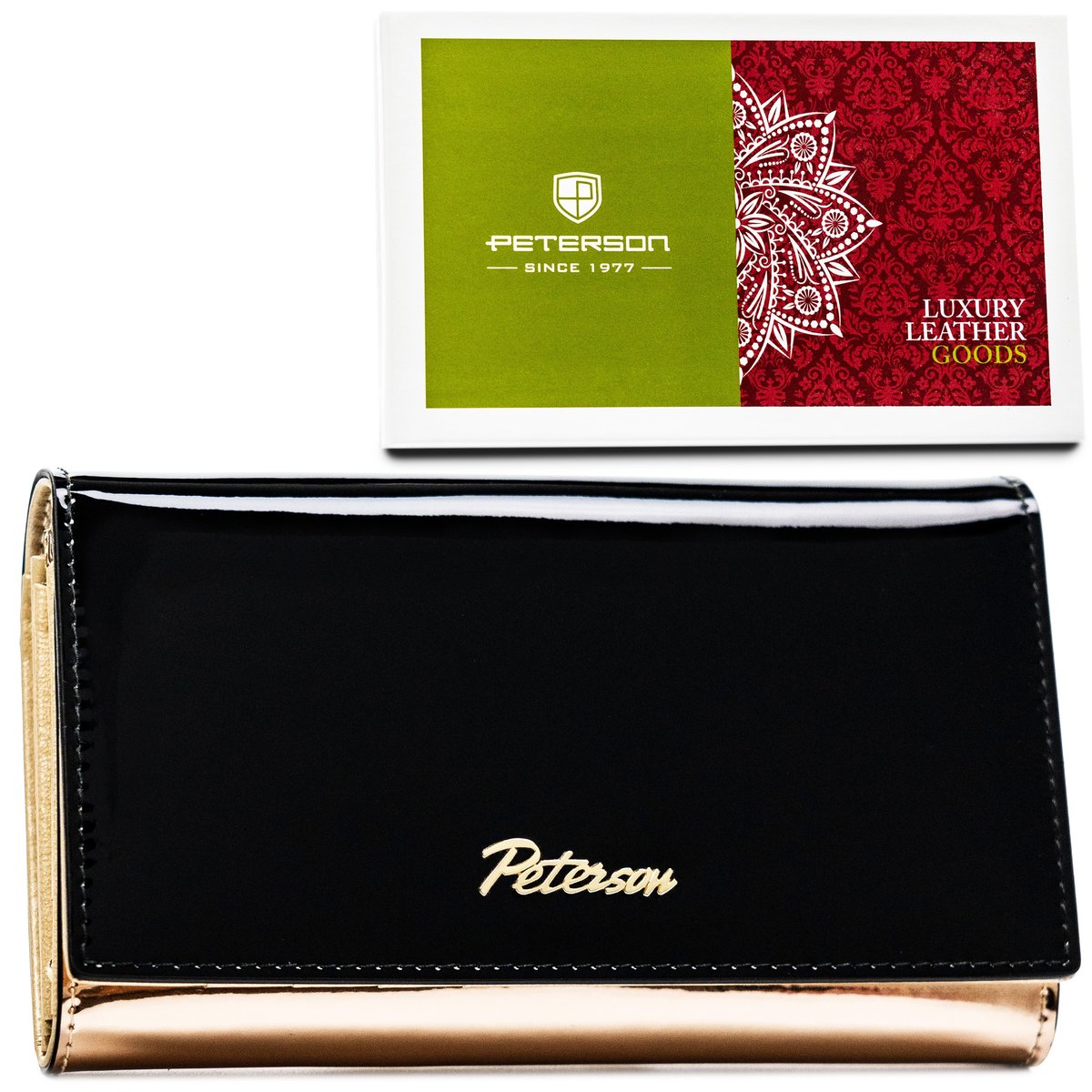 Damski skórzany portfel Peterson duży na prezent portfel z dużą ilością przegródek, czarny rosegold
