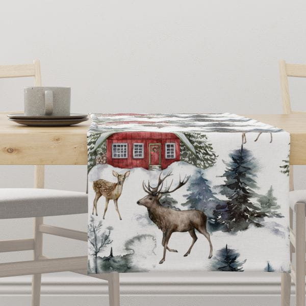 Bieżnik świąteczny WINTER wzór BN26 czerwona chatka w lesie 40 x 100 cm