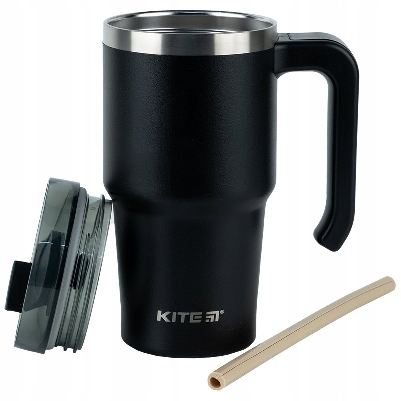 Kubek termiczny ze słomką ustnikiem z uchwytem 600 ml czarny KITE