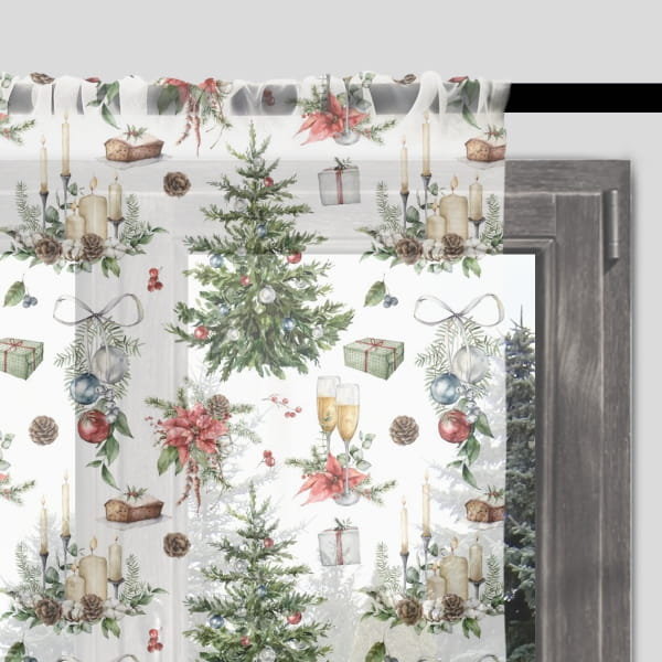 Firana świąteczna WINTER wzór BN27 | świąteczna choinka z prezentami 140 x 300 cm