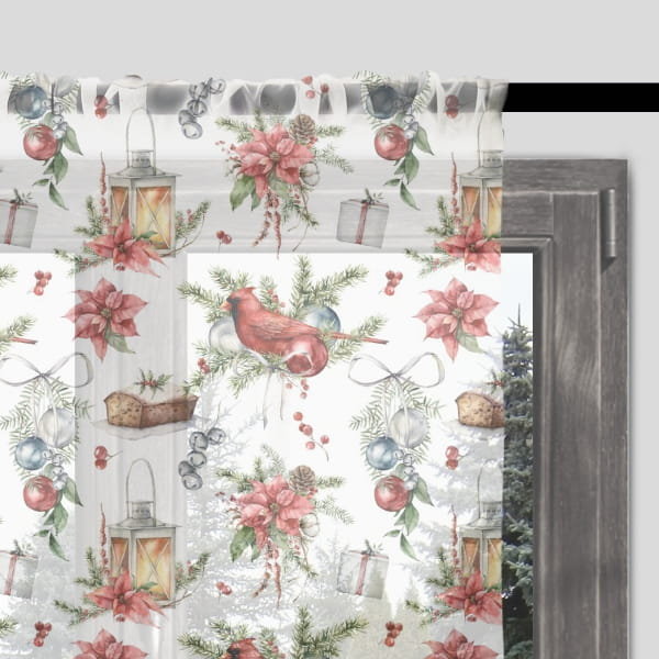 Firana świąteczna WINTER wzór BN30 | świąteczny stroik z czerwonym ptakiem 140 x 280 cm