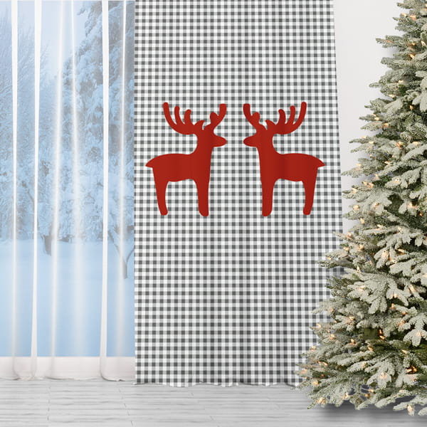Zasłona WINTER wzór BN13 szara kratka i renifery 150 x 230 cm tkanina standard