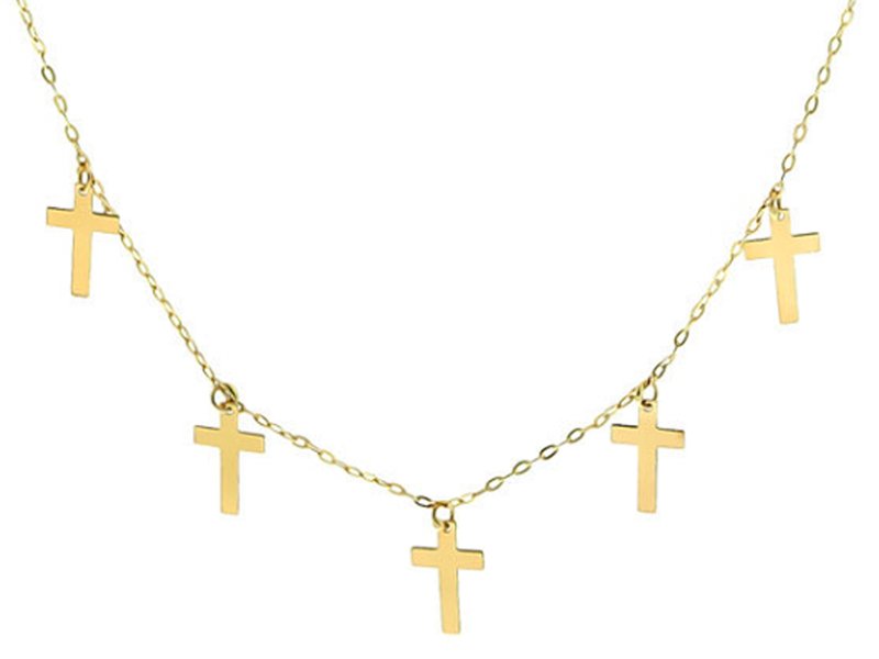 Złoty naszyjnik 585 celebrytka z wiszącymi krzyżykami na łańcuszku i cyrkonią