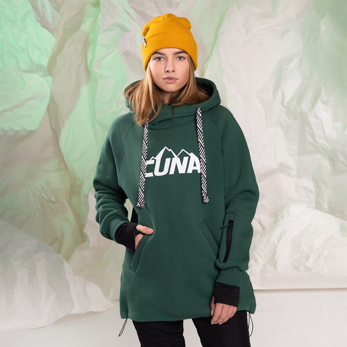 Bluza snowboardowa bawełniana gruba damska z kapturem zielona S
