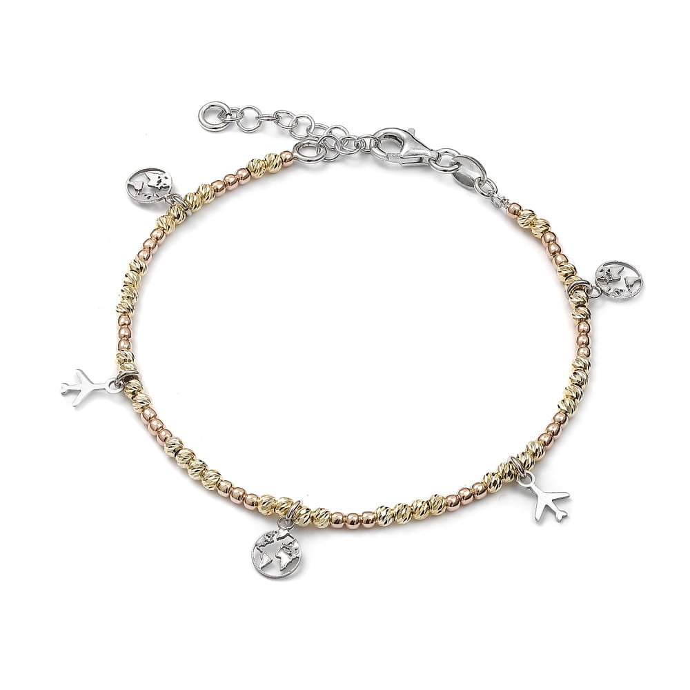 Srebrna bransoletka pozłacana samoloty i mapa świata