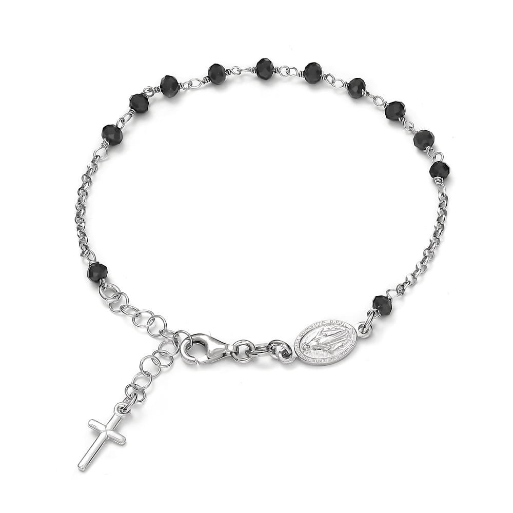 Srebrna bransoletka rodowana różaniec z cyrkoniami medalik krzyż pr925