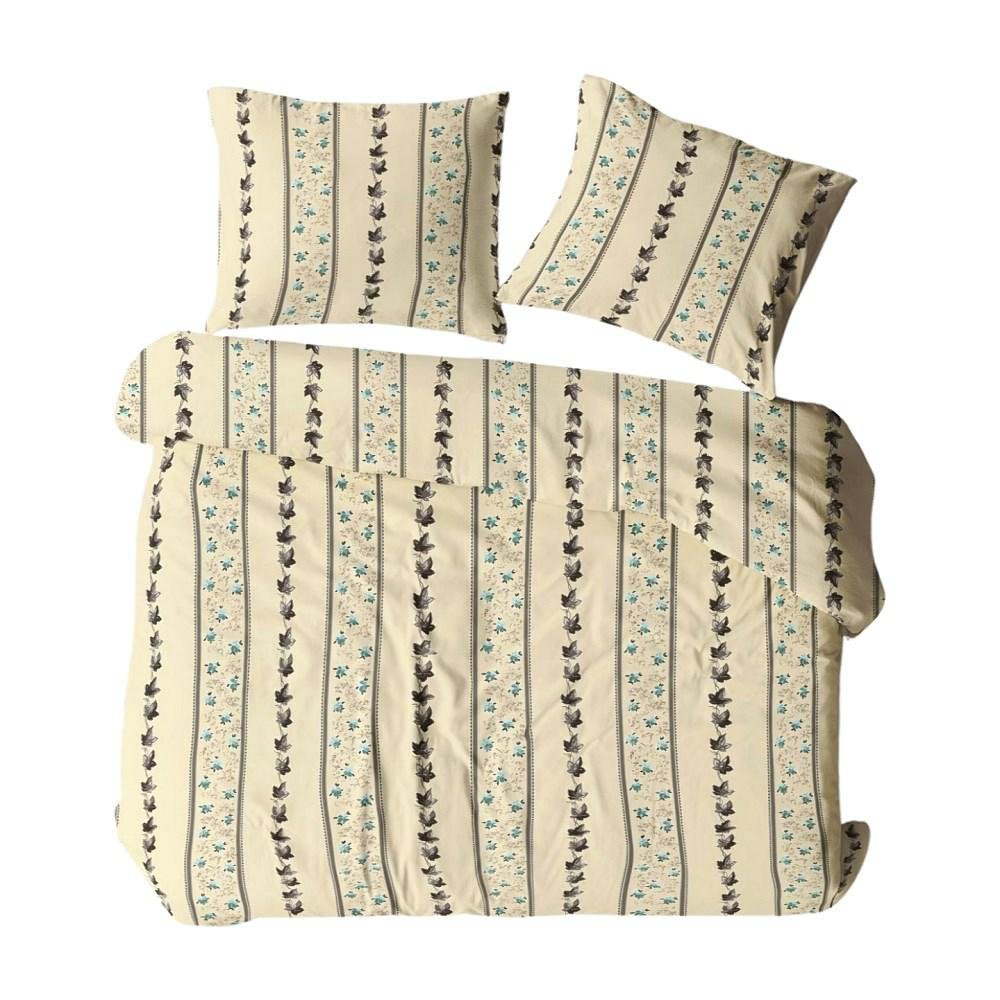 Pościel flanelowa 160x200 1601N kremowa wielokolorowa liście paski na guziki Flanela Komfort