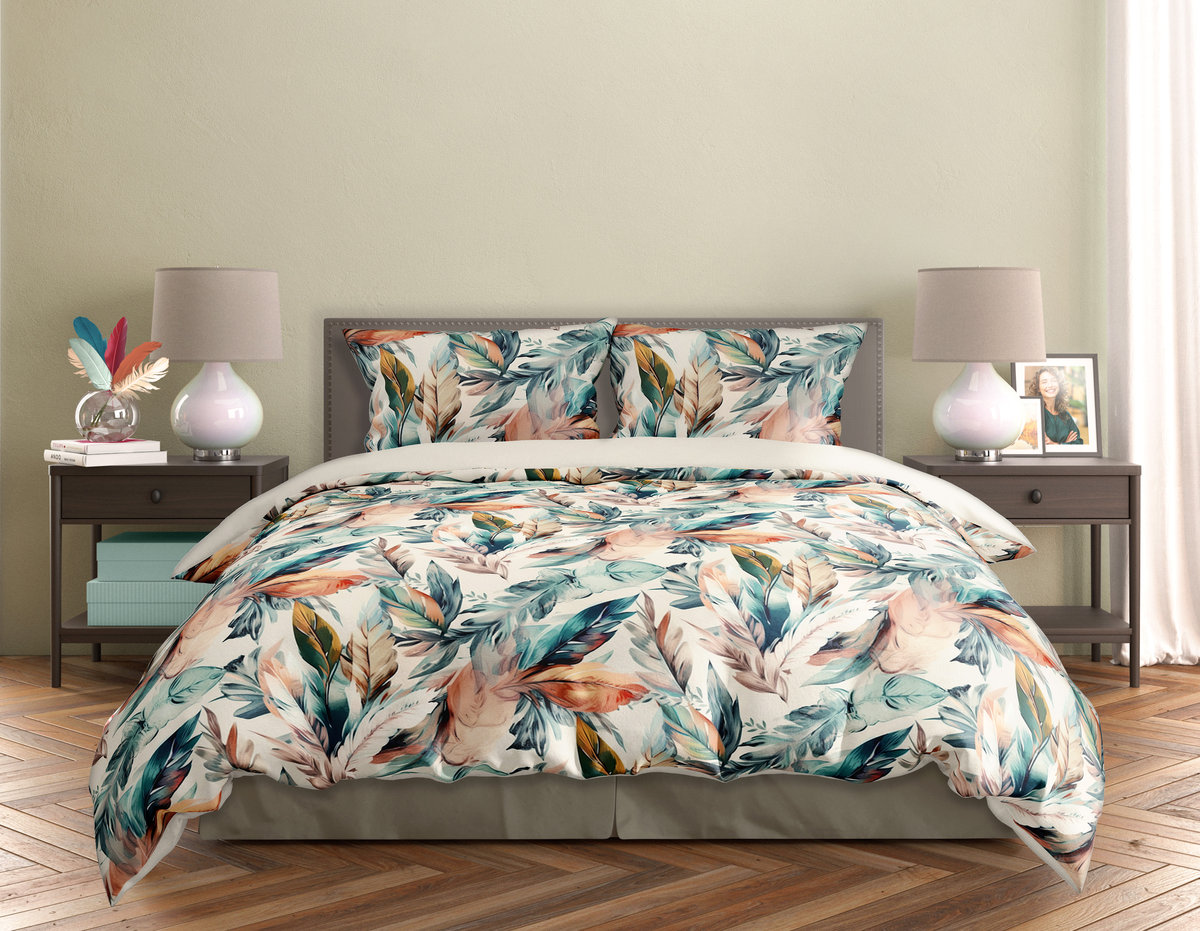FARO Pościel satyna bawełniana premium 220x200+2x70x80 cm Milagro Verde Pióra Boho