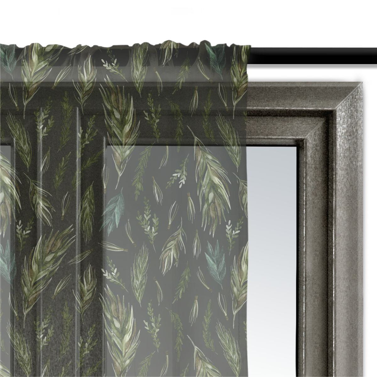 Firana świąteczna WINTER wzór BN46 | Sosnowe gałęzie na ciemnozielonym tle 140 x 300 cm