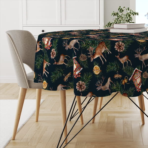 Obrus okrągły WINTER wzór BN24 | akwarelowy renifer z pomarańczą średnica 140 cm