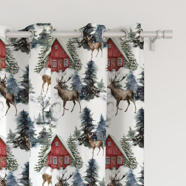 Zasłona WINTER wzór BN26 czerwona chatka w lesie 150 x 260 cm tkanina zaciemniająca