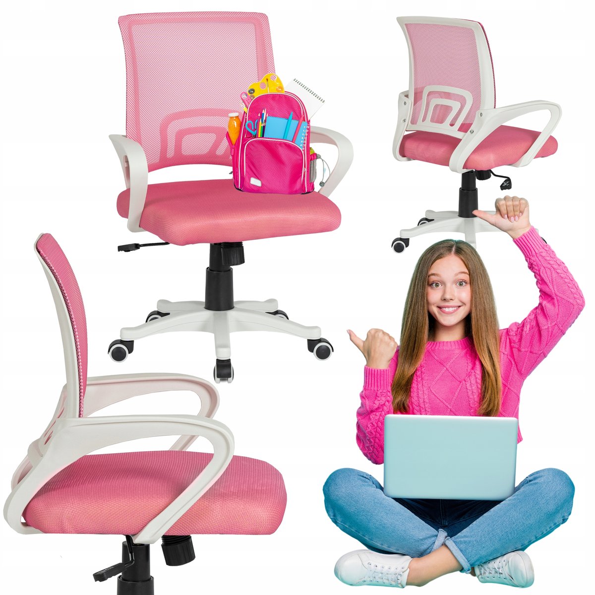 Fotel Obrotowy Różowy Młodzieżowy Krzesło Obrotowe Dla Dziecka Różowe NATE