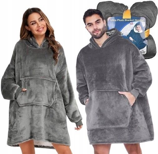 DUŻA KOCOBLUZA OVERSIZE GRUBA MIĘKKA KOC BLUZA Z KAPTUREM SZLAFROK SZARA