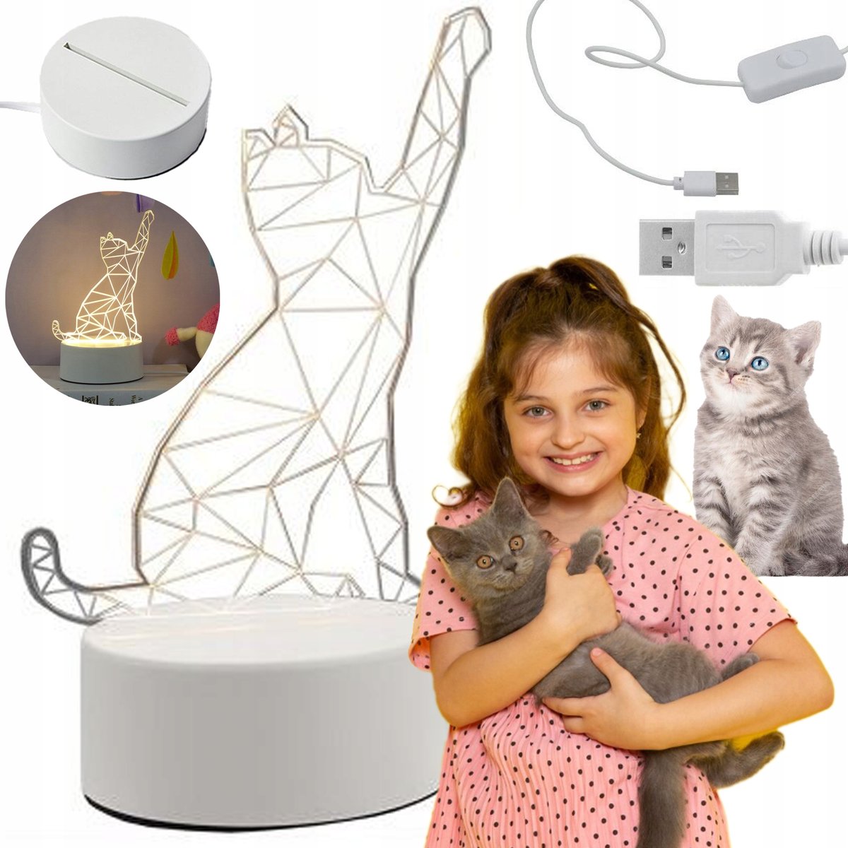 Lampka dekoracyjna do pokoju KOT nocna na USB dla dzieci z PRZEŁĄCZNIKIEM