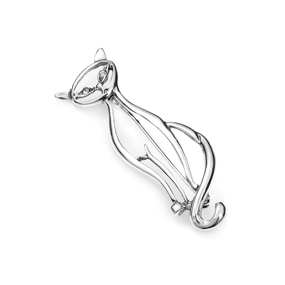 Srebrna broszka przypinka oksydowana w kształcie Kota z cyrkoniami pr925