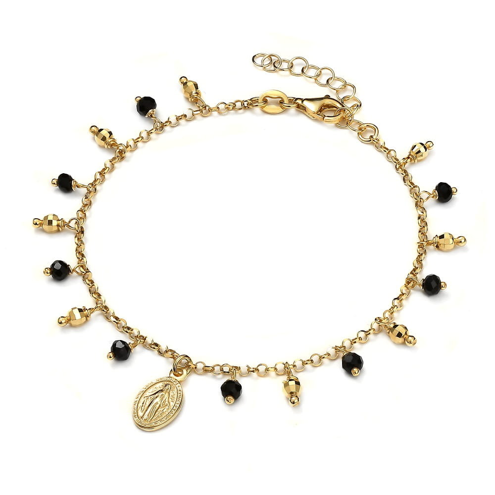 Srebrna bransoletka pozłacana z medalikiem kulkami i cyrkoniami