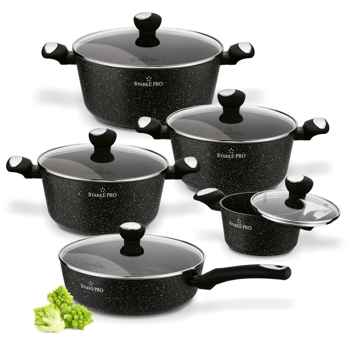 ZESTAW GARNKÓW indukcja 4 garnki MARMURKOWE + patelnia NON-STICK pokrywki Strappo Marble Starke Pro