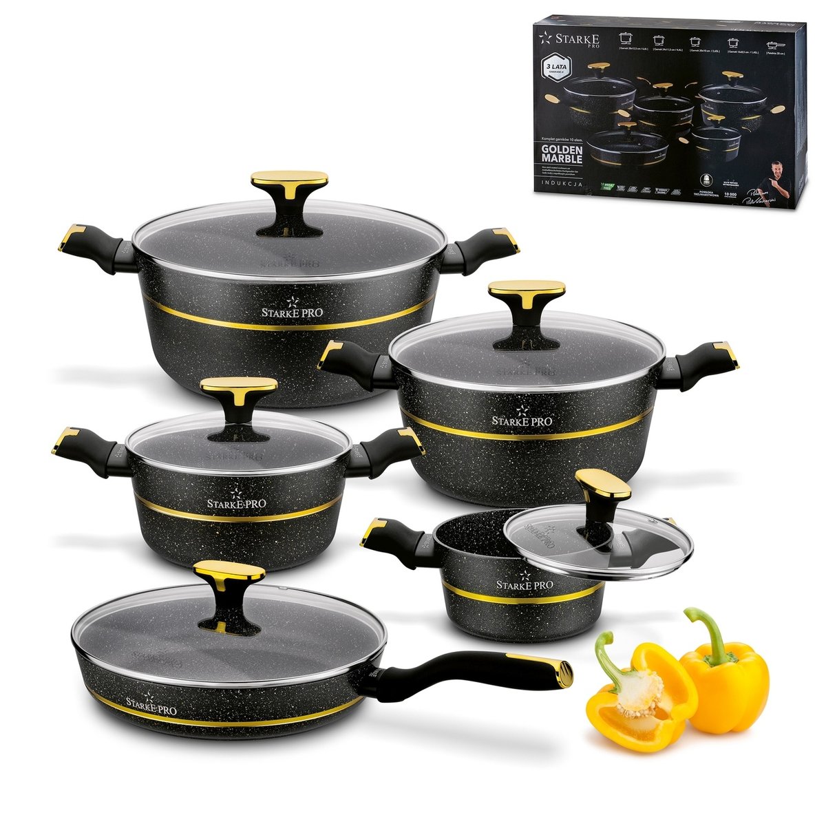 Zestaw garnków 4 MARMURKOWE GARNKI INDUKCJA patelnia Z POKRYWKĄ Golden Marble Starke Pro