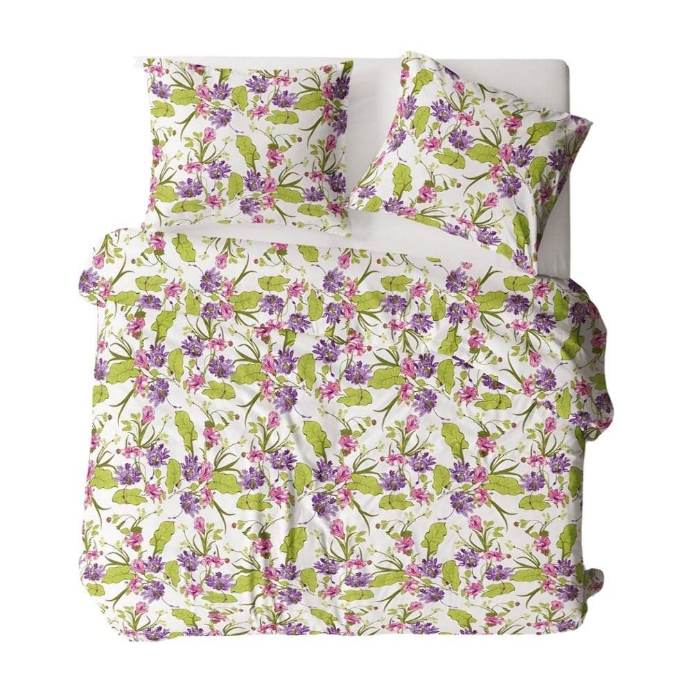 Pościel flanelowa 160x200 1716N biała fioletowa zielona kwiaty liście na guziki Flanela Komfort