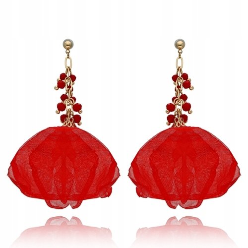 Kolczyki Wiszące Jedwabny Kwiatek Cczerwony Na Łańcuszku Z Koralików