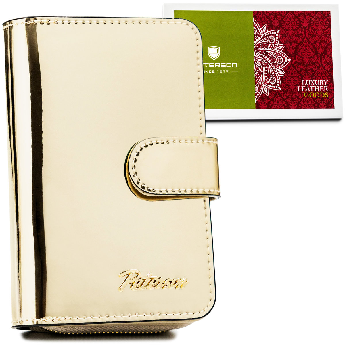 Skórzany damski portfel Peterson błyszczący pojemna portmonetka RFID na karty i gotówkę, złoty