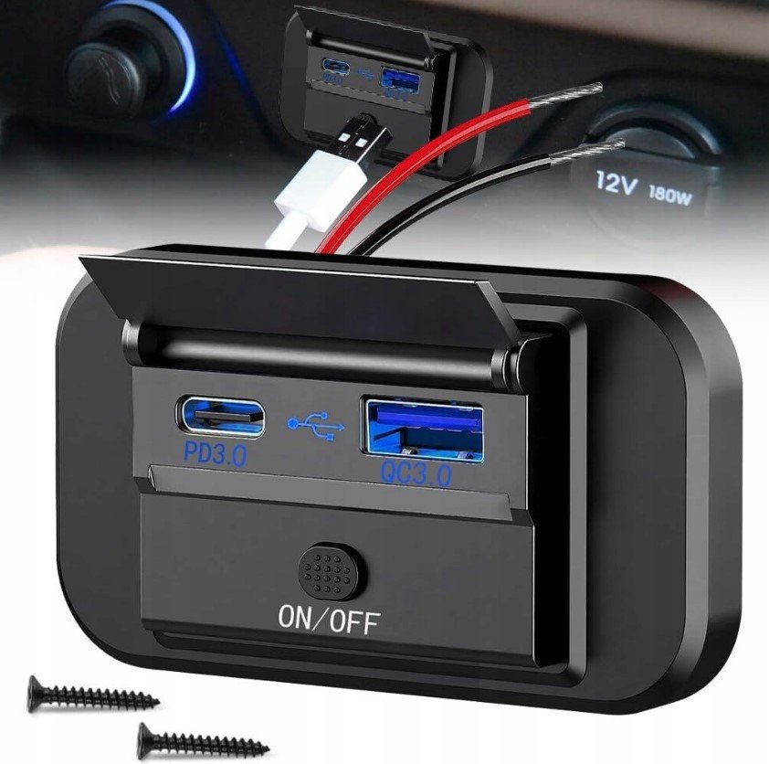 ŁADOWARKA SAMOCHODOWA USB QC PD 3.0 GNIAZDO USB ADAPTER DO SAMOCHODU 12/24V