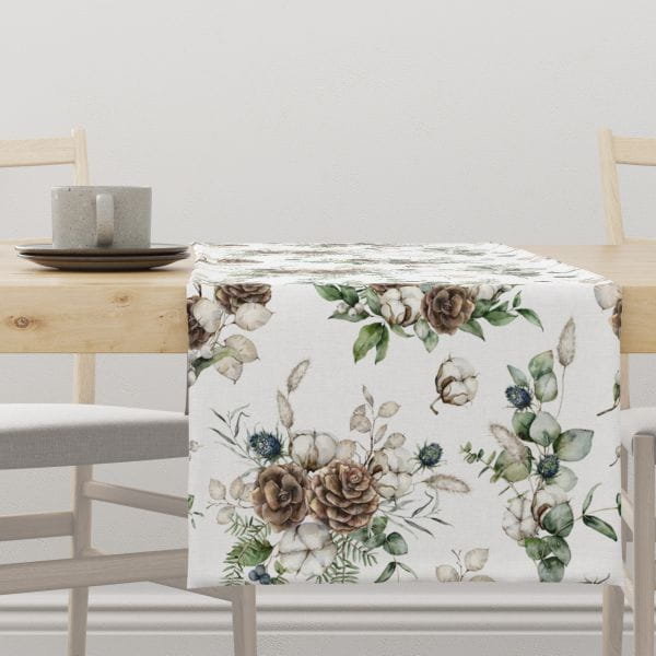 Bieżnik świąteczny WINTER wzór BN34 szyszki z kwiatami bawełny 40 x 100 cm