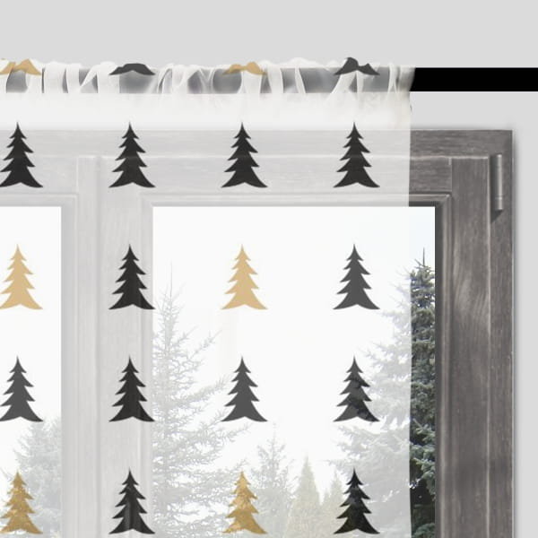 Firana świąteczna WINTER wzór BN06 | czarne i żółte skandynawskie choinki 140 x 150 cm
