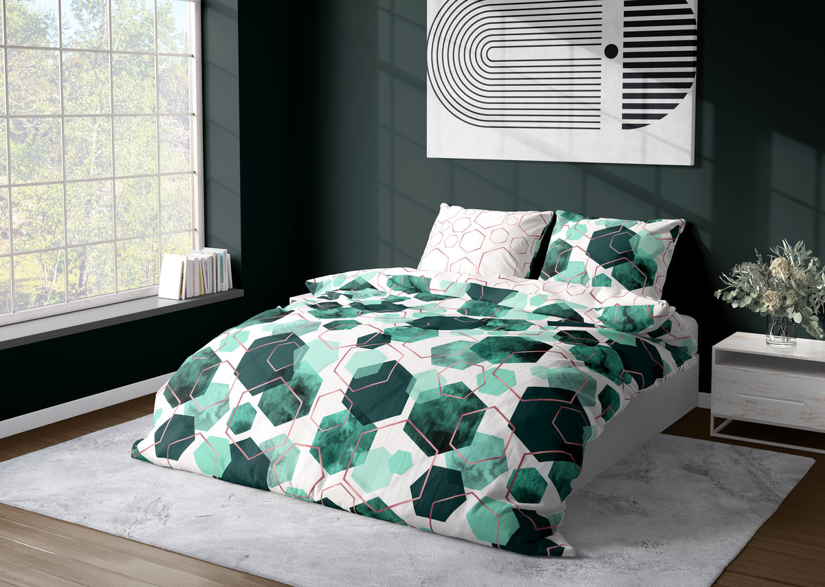 FARO Pościel satyna bawełniana premium 140x200+70x90 cm Milagro Verde Heksagon Zieleń
