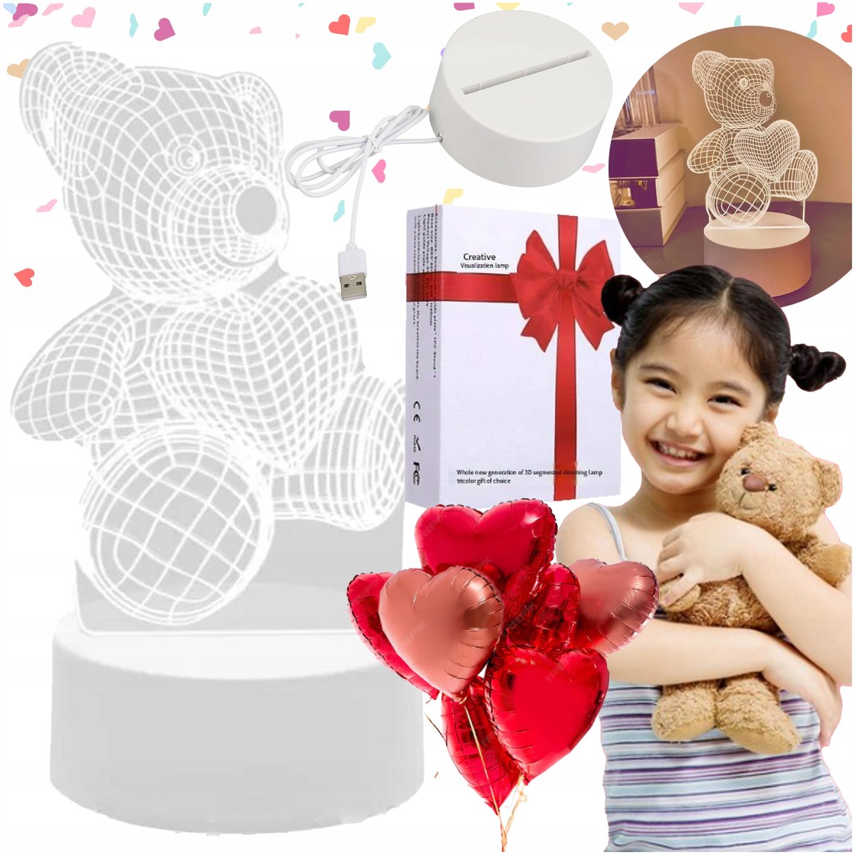 Urocza lampka MIŚ 3D nocna dekoracyjna LED do pokoju 3 BARWY ŚWIATŁA na USB