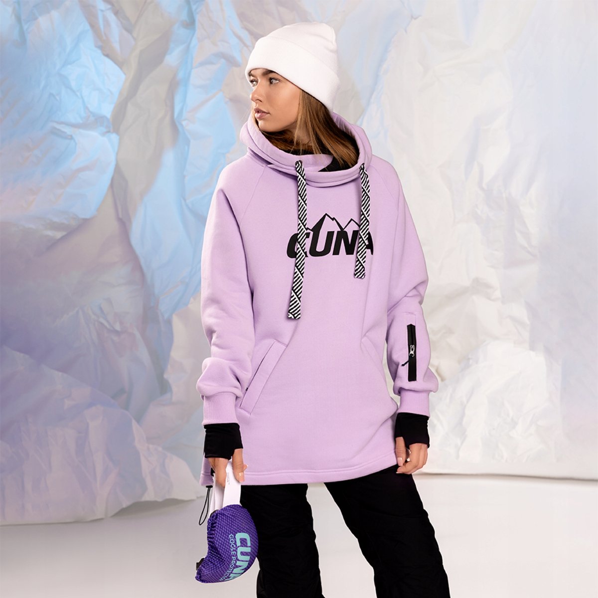 Bluza snowboardowa bawełniana gruba damska z kapturem fioletowa L