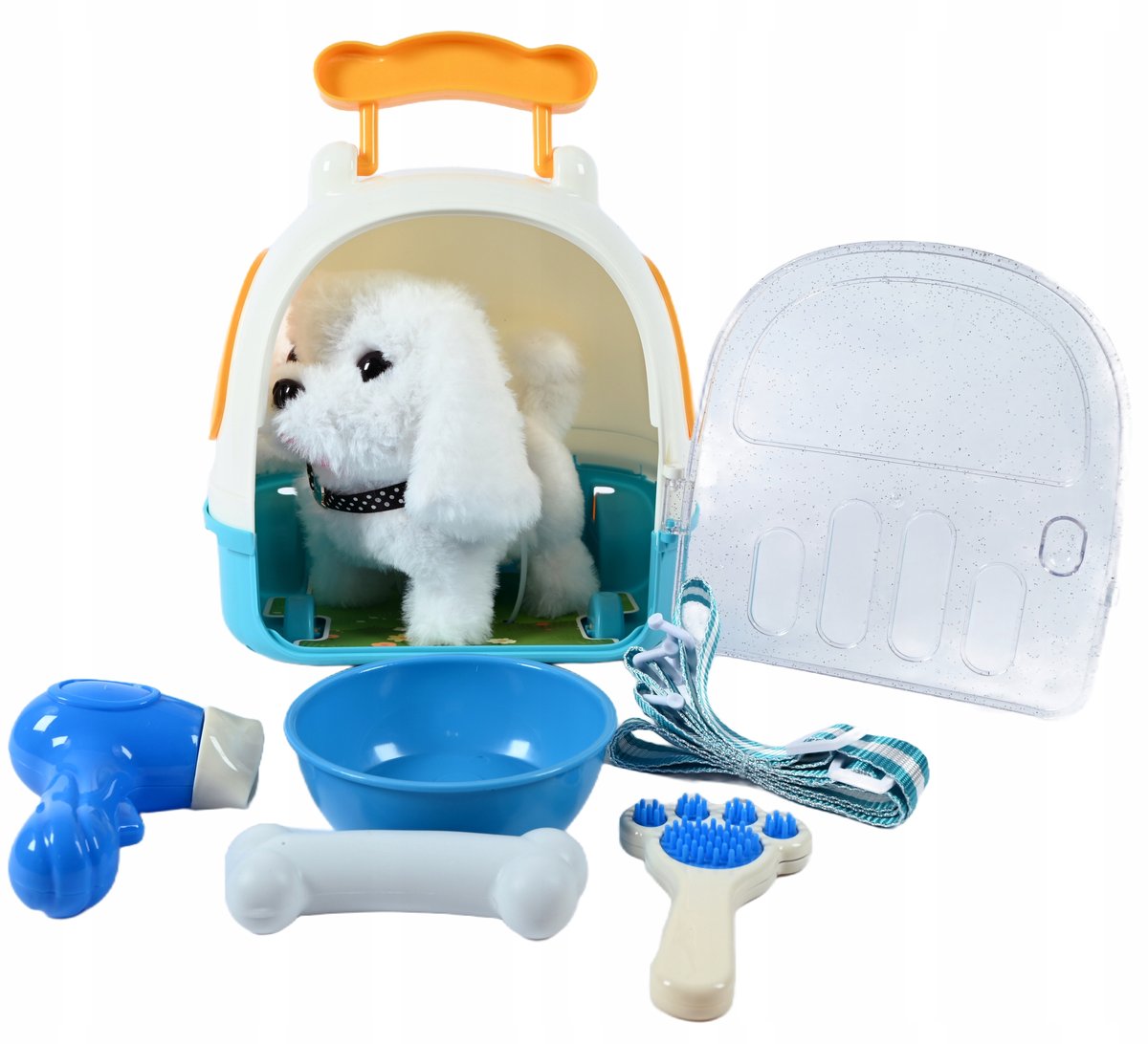 PIESEK BIAŁA MASKOTKA PSA Z TRANSPORTEREM + ZESTAW DO PIELĘGNACJI