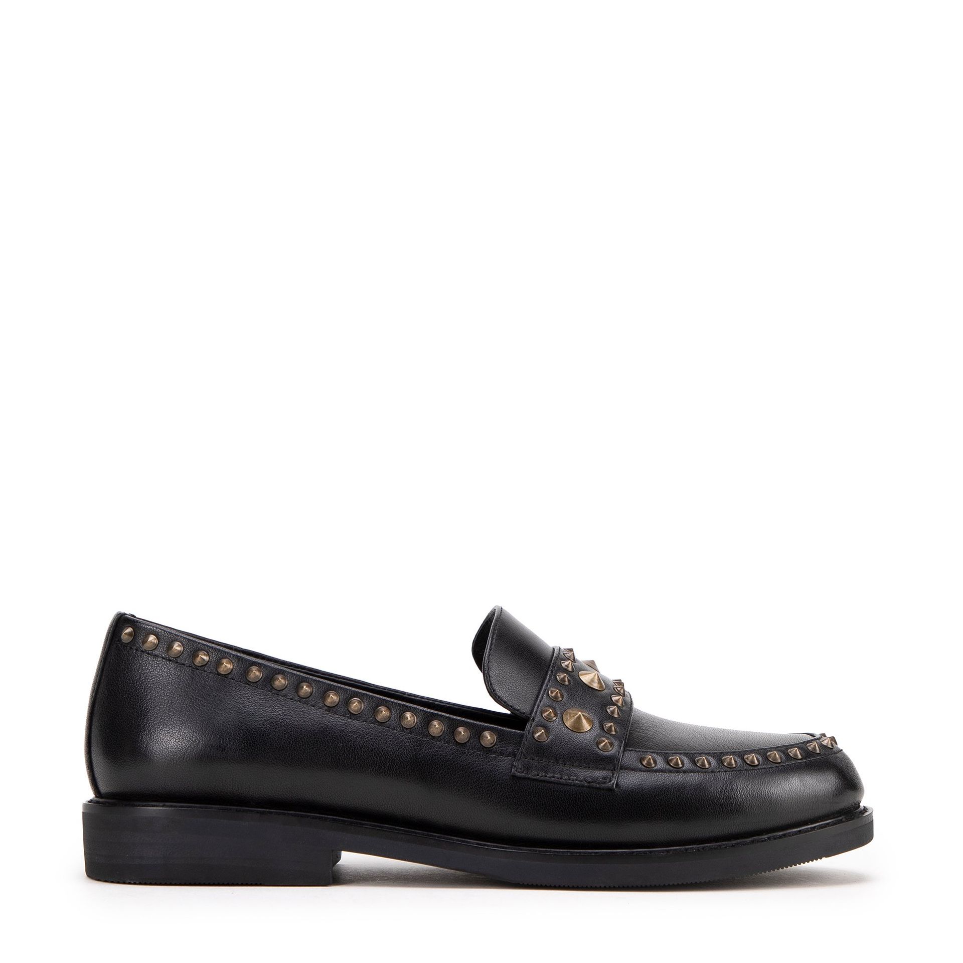 Damskie loafersy skórzane z ozdobnymi nitami czarne