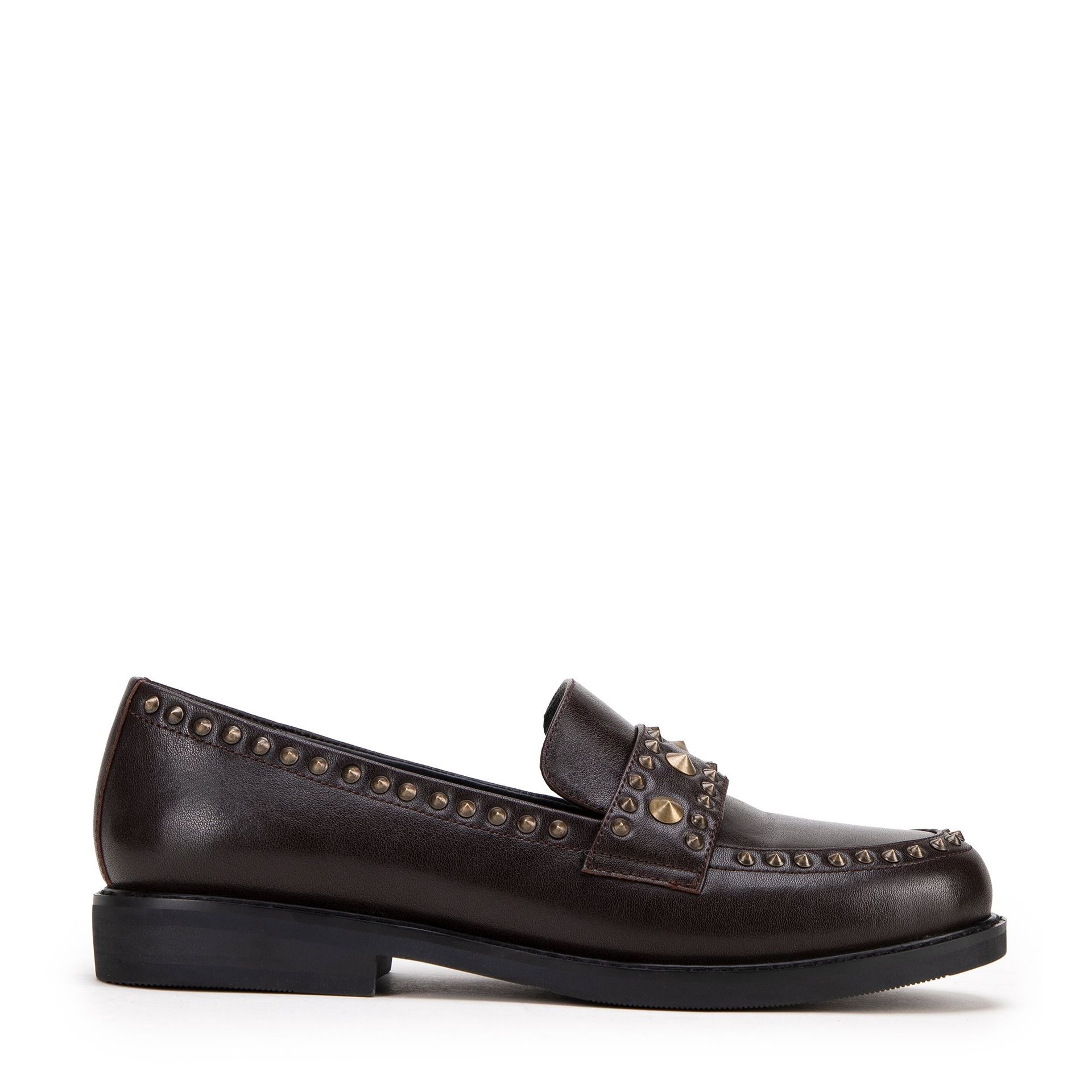 Damskie loafersy skórzane z ozdobnymi nitami brązowe